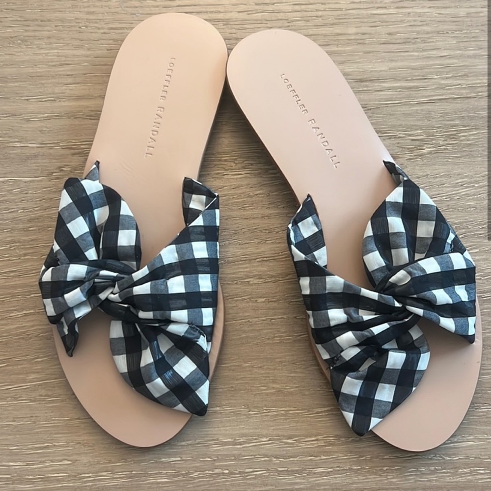 Loeffler Randall Black & White Gingham Bow Slide Sandals